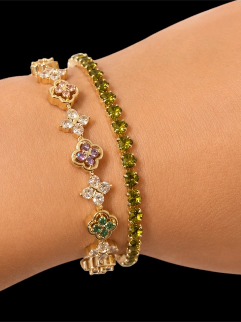 Multicolor Clover Plated Gold Bracelet Set